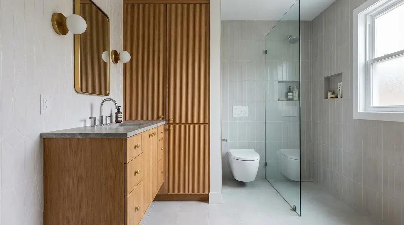 Small bathroom with compact oak vanity, wall-hung toilet, glass shower, and grey vertical tiles