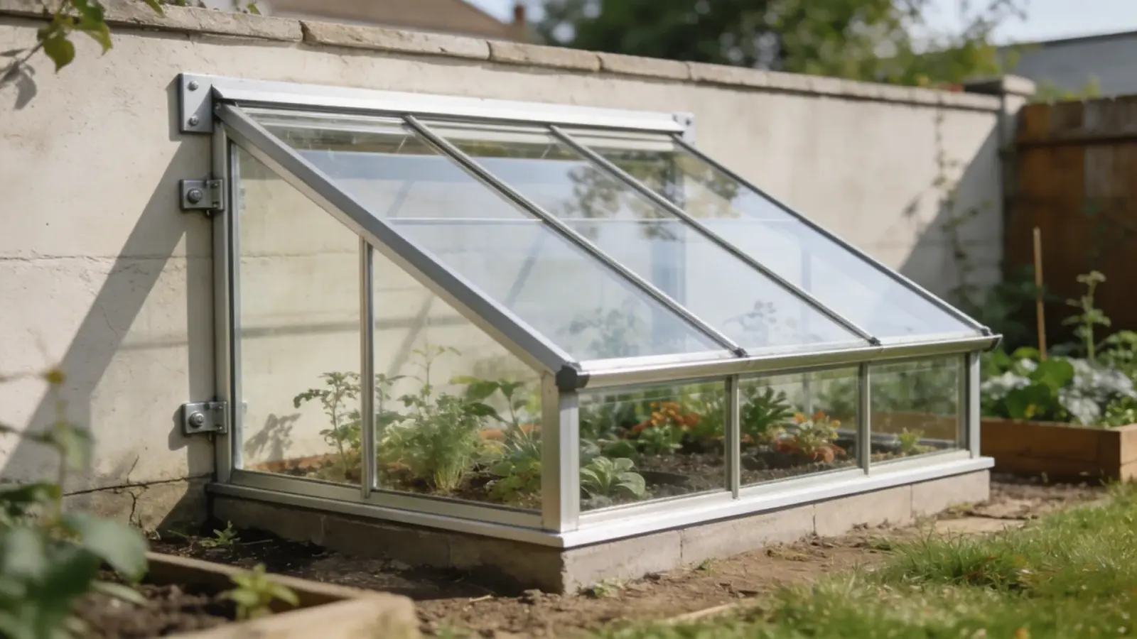 Small greenhouse with clear lean-to roof attached to a wall with plants inside (1)