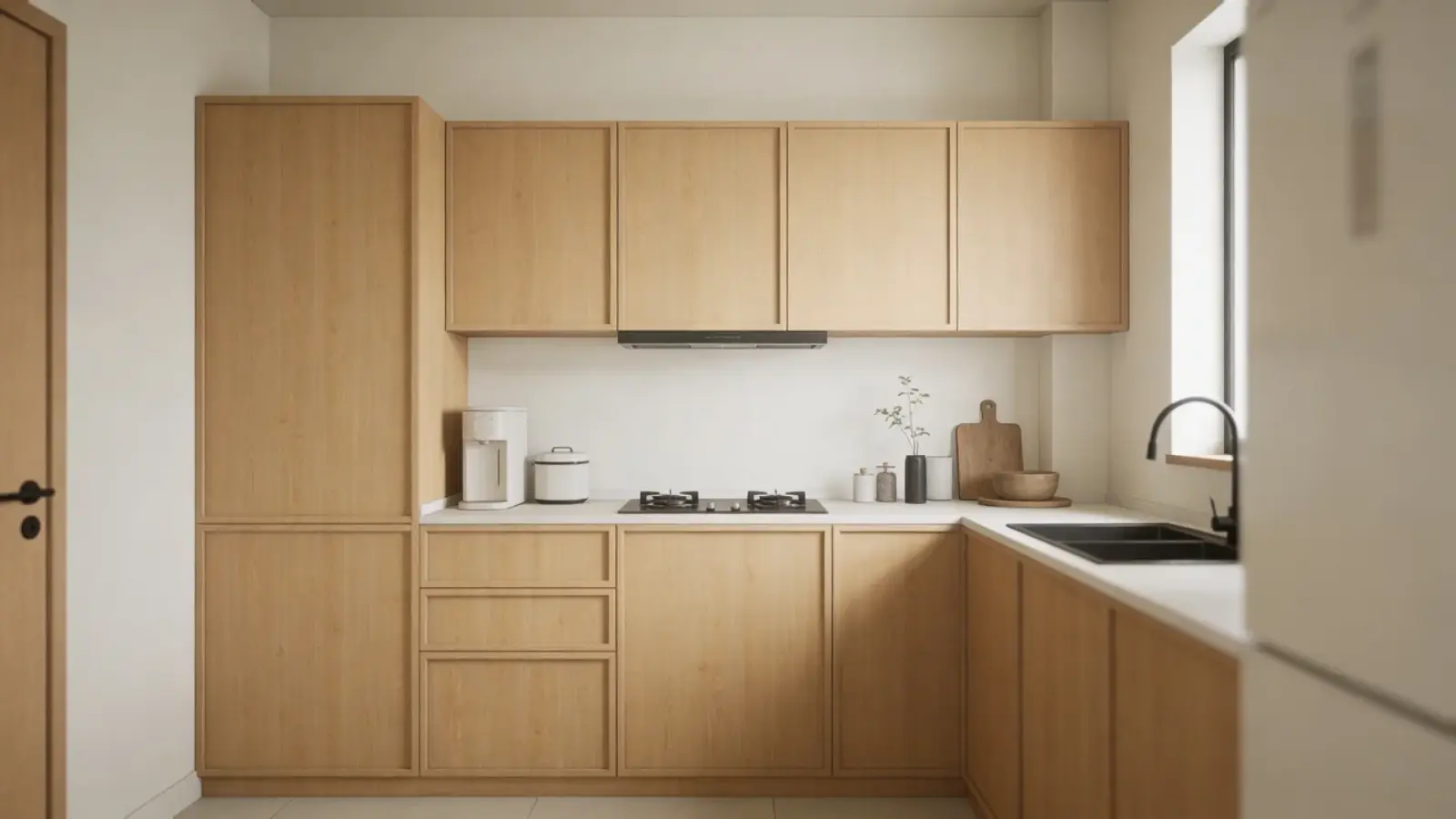 Small kitchen with simple layout and light wood cabinets