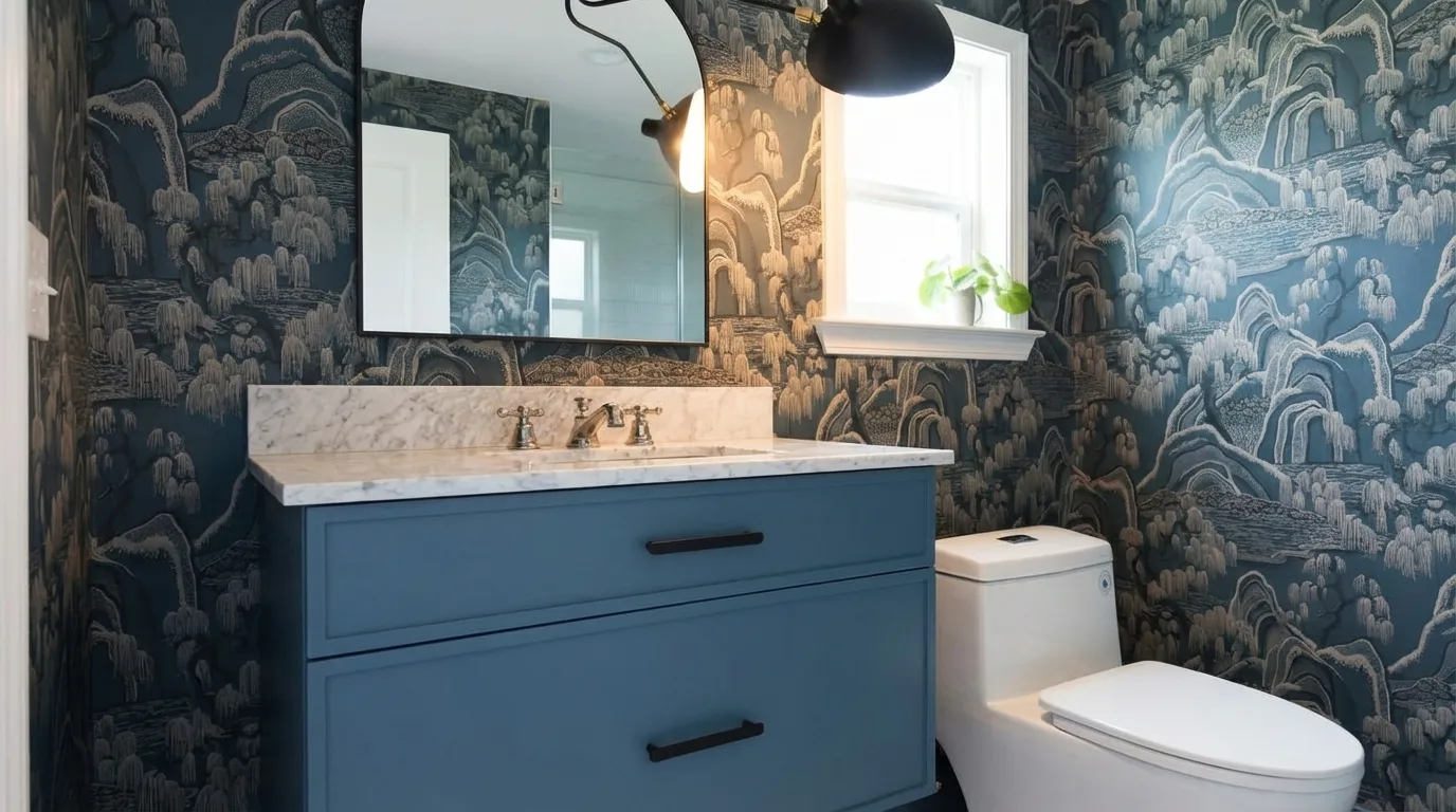 Small master bathroom with a floating blue vanity, marble countertop, bold patterned wallpaper, white toilet, and a black pendant light fixture.