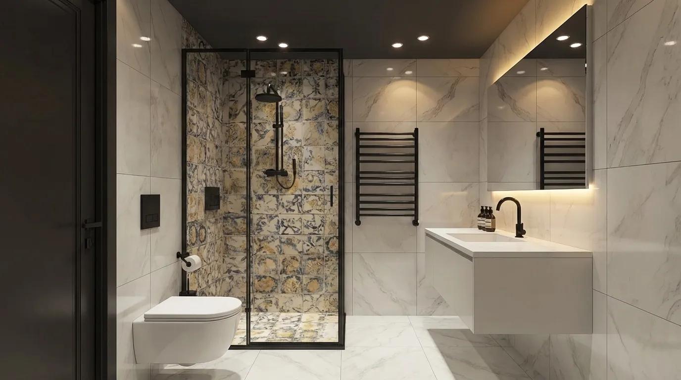 Small master bathroom with a glass walk-in shower featuring patterned tiles, matte black fixtures, floating vanity, wall-mounted toilet, and warm ceiling lights.