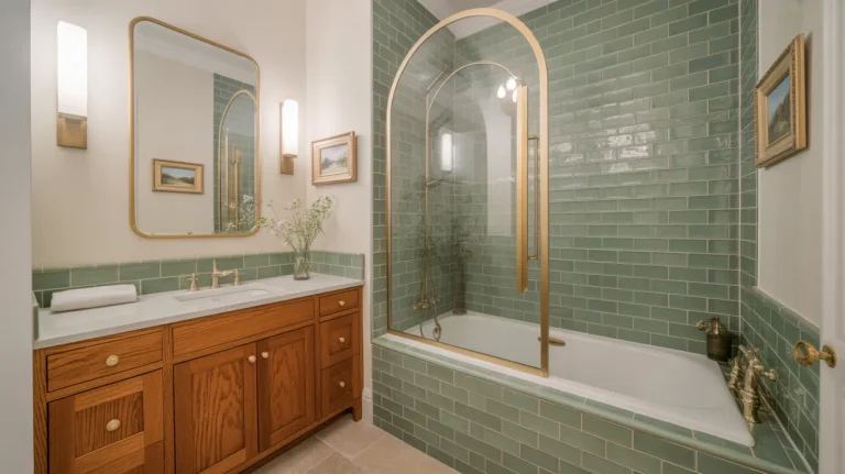 Small master bathroom with sage green subway tiles, brass fixtures, oak vanity, and arched tub surround.