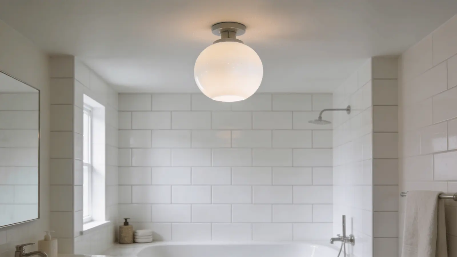 Small opal glass globe ceiling fixture emitting soft diffused light in a modern white bathroom.