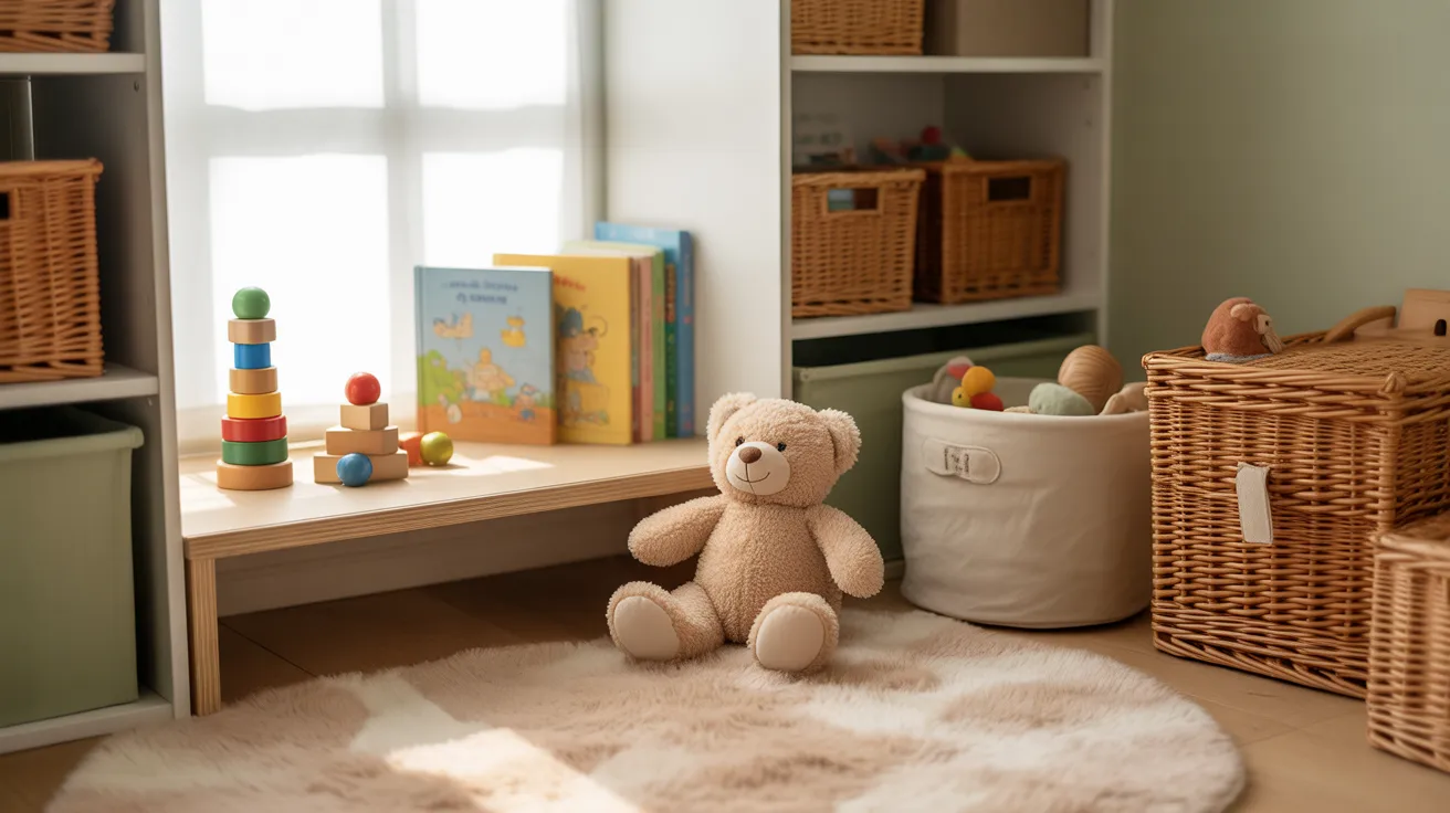 Small playroom with few toys on shelf and others stored in baskets to reduce clutter