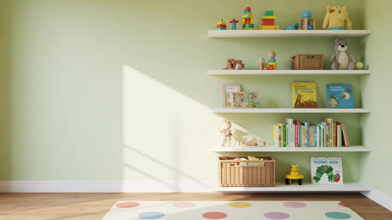 Small playroom with wall shelves storing books, toys, and baskets to save floor space