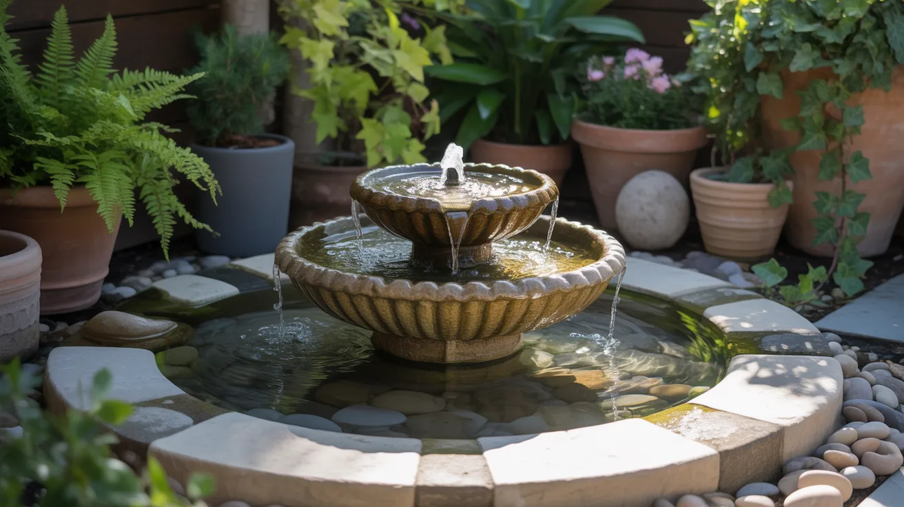 Small stone fountain with surrounding plants in a backyard