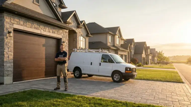 Man standing next to a white work van in a suburban residential neighborhood driveway