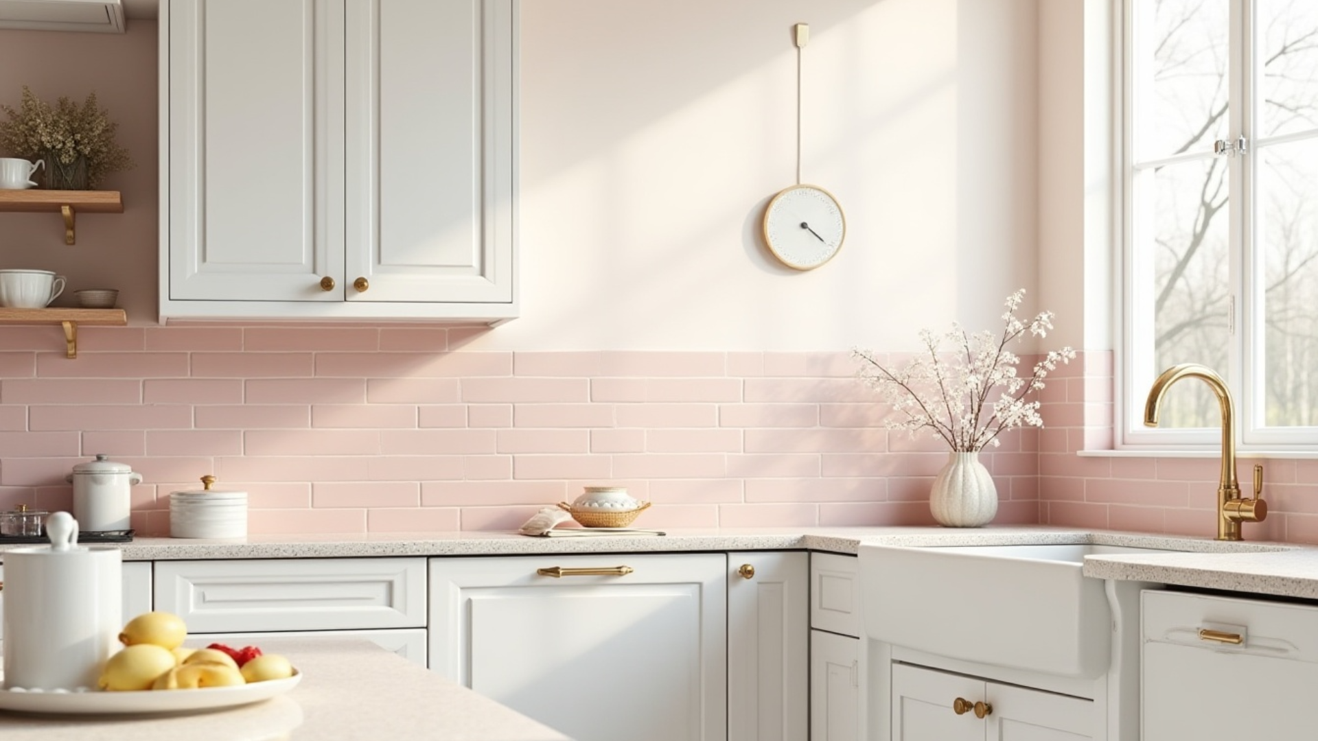 soft blush pink subway tile backsplash adding warm romantic tone behind white shaker cabinets and cream granite