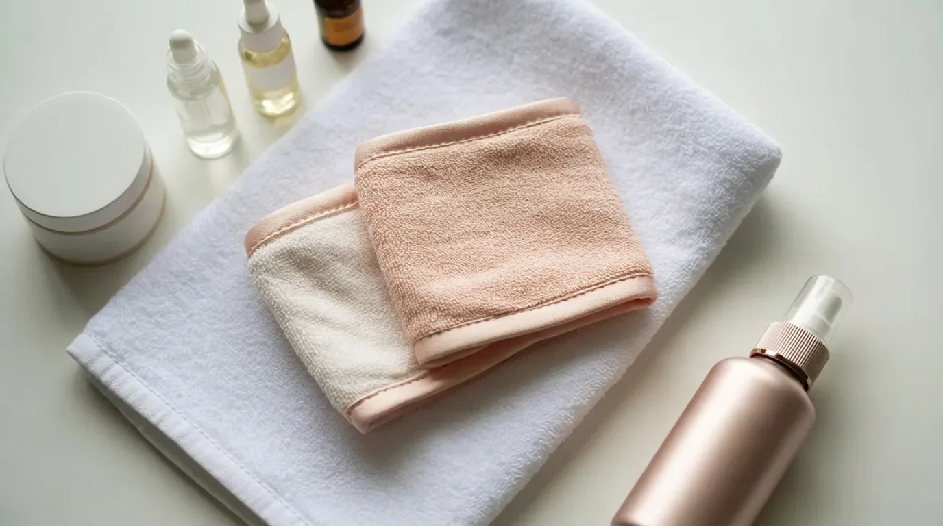 Soft spa wristbands on a white towel beside skincare products and a face mist