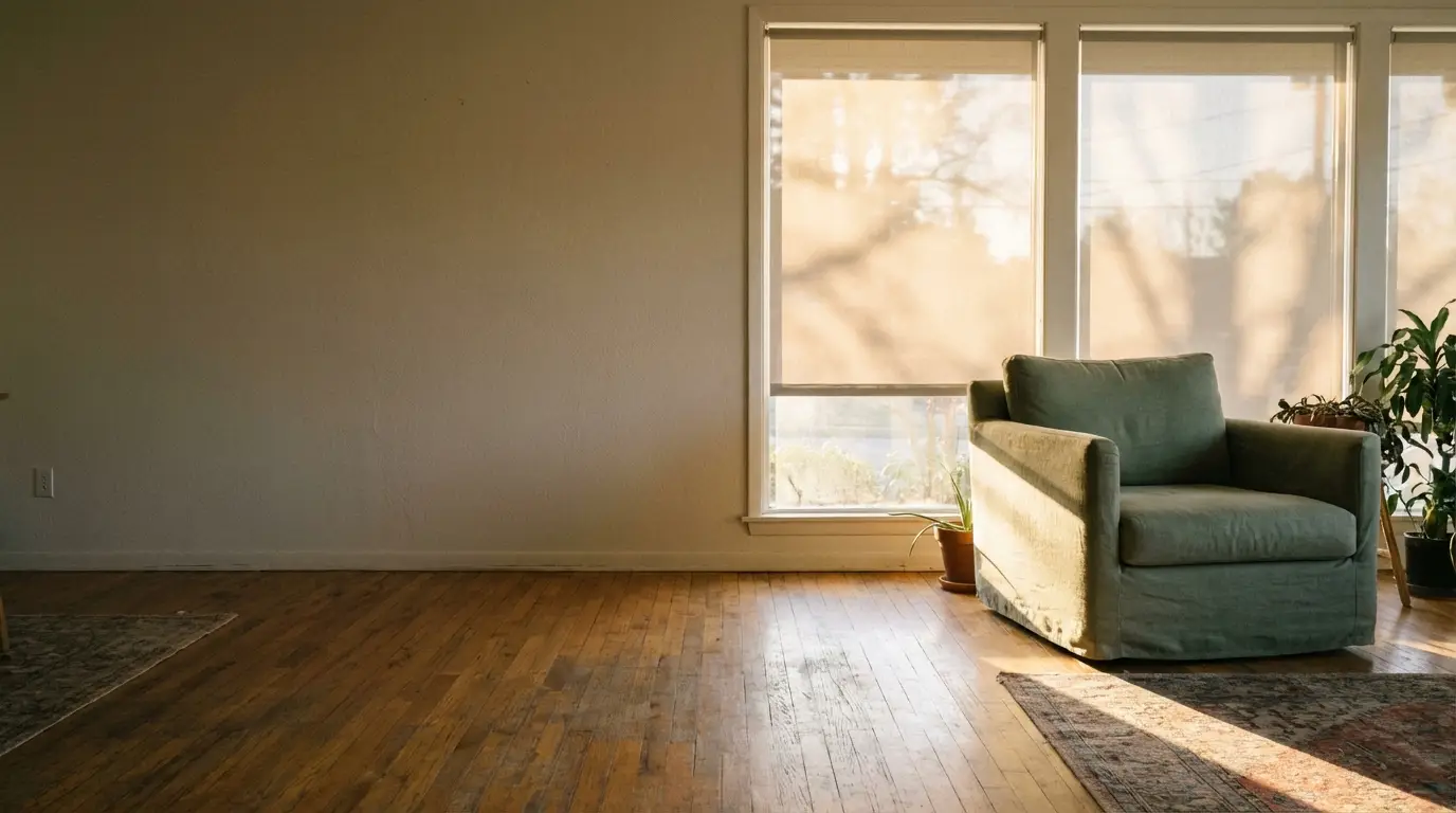 Cozy green armchair in sunlit living room with wooden floor and large window