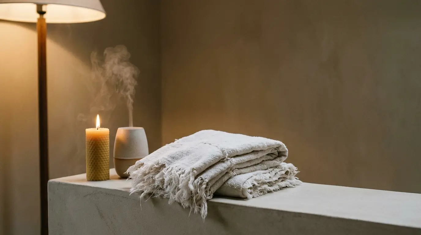 Folded linen towels and lit candle on beige concrete ledge in softly lit room