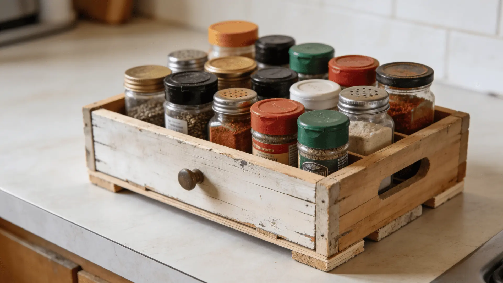 Spice rack made from reused wooden crate holding jars on a kitchen countertop