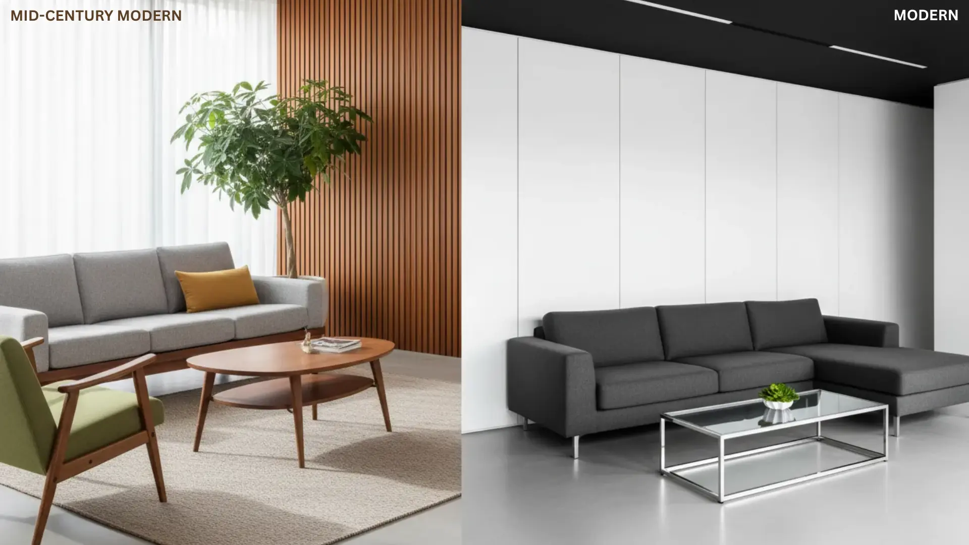 Split interior showing Mid-Century Modern and Modern room