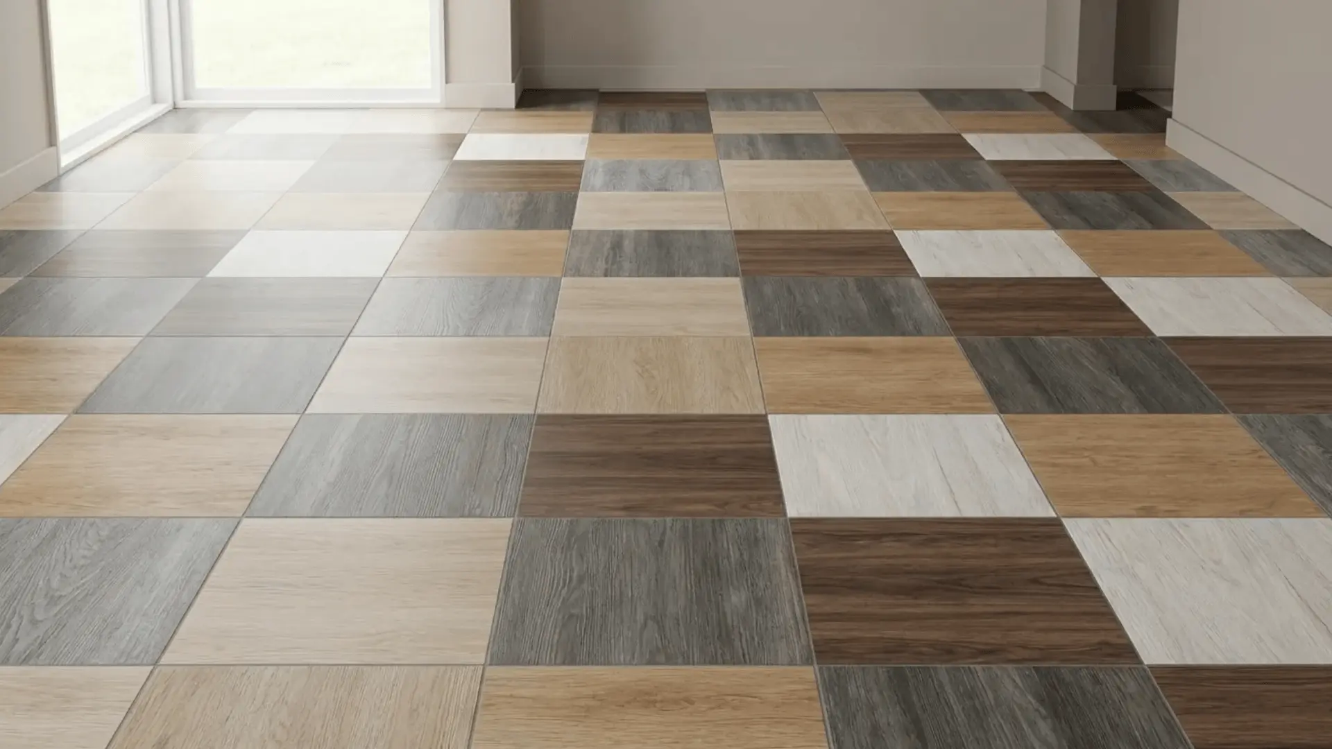 Square luxury vinyl tiles installed on a floor with a stone tile pattern layout.
