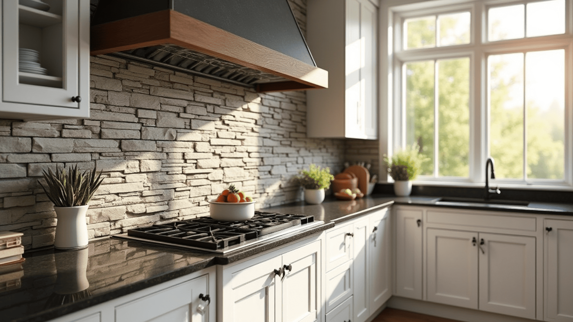 stacked grey and taupe ledgestone backsplash with rugged texture paired with white cabinets and dark granite