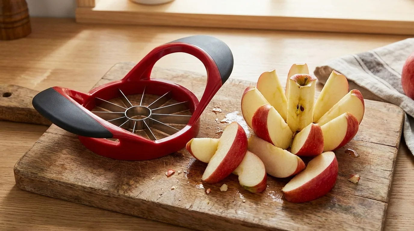Stainless steel apple slicer beside freshly sliced apple pieces on a wooden board