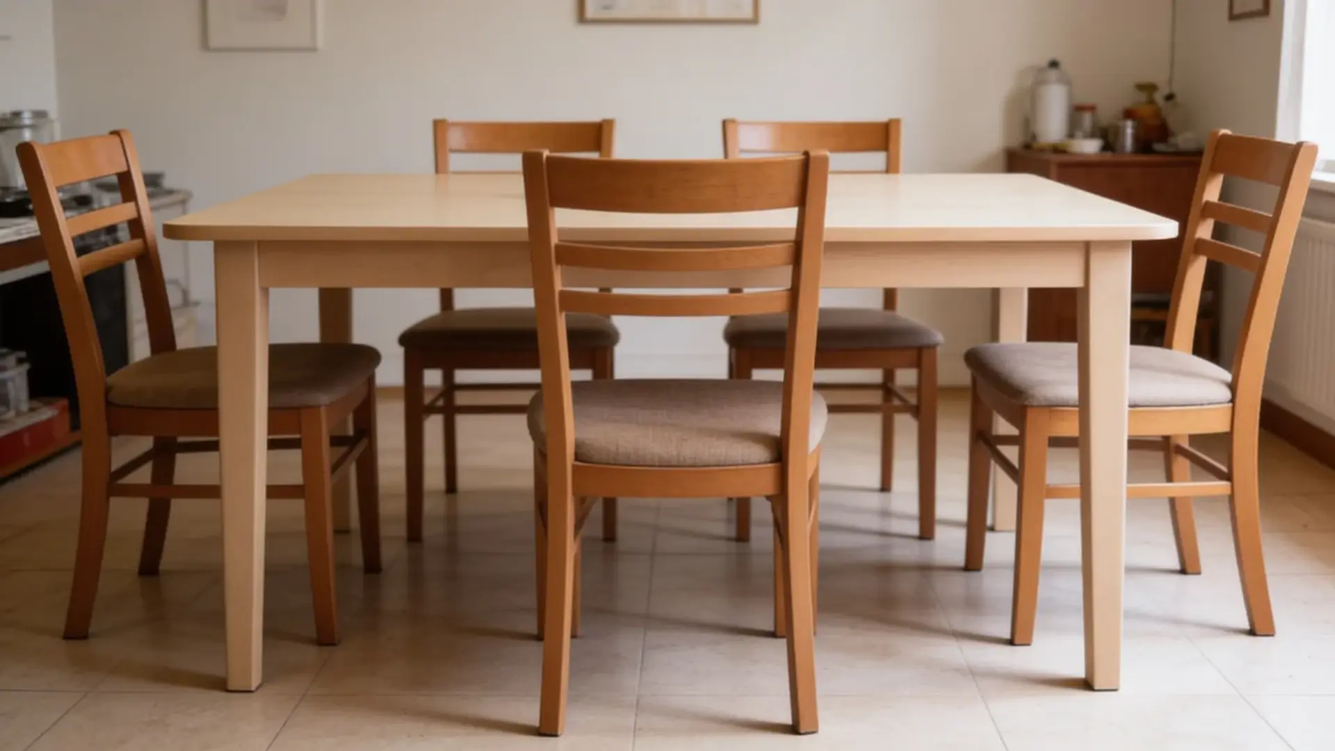 Standard height dining table with chairs arranged for everyday use
