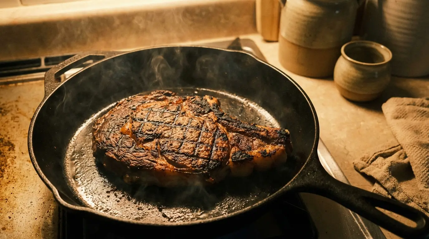 Grilled steak sizzling in cast iron pan on stovetop with warm kitchen lighting