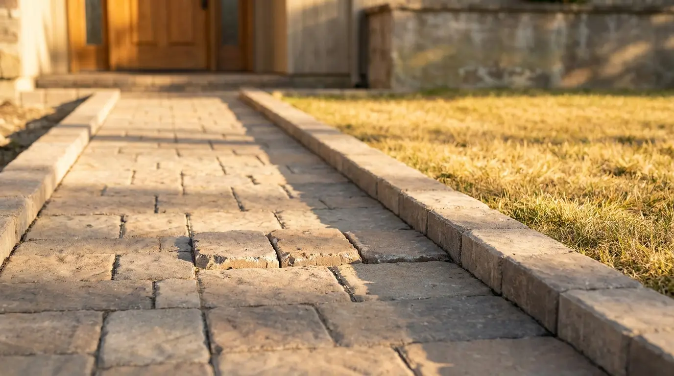 Stone walkway leading to wooden front door of a house with grass lawn in sunlight