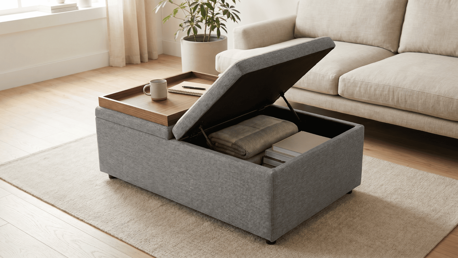 _Storage ottoman in a living room showing dual function use