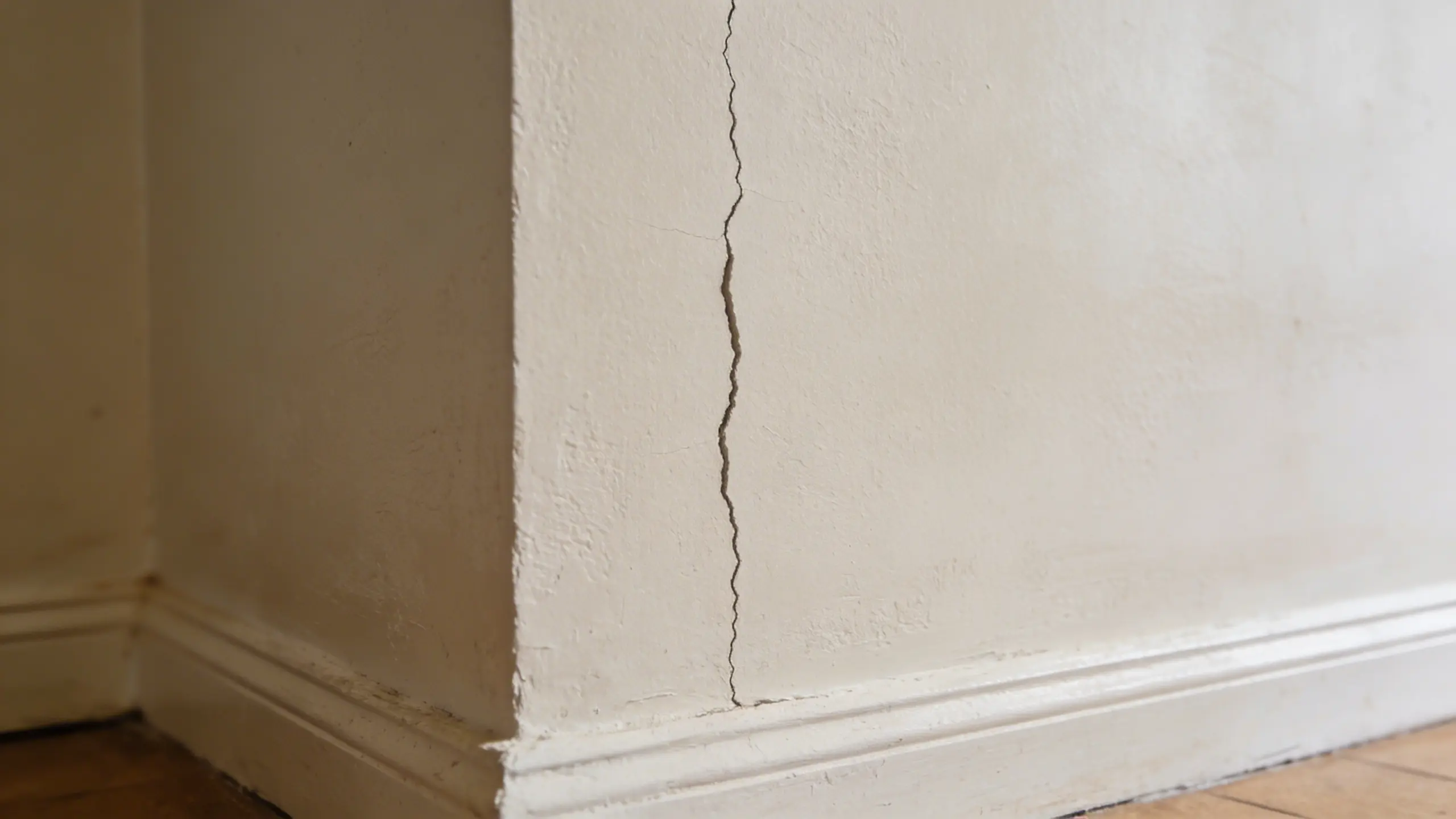 Straight vertical crack on a plain interior wall running upward from near the floor