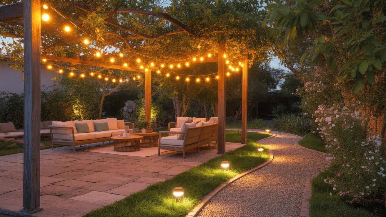String lights and pathway lights illuminating a backyard patio at evening