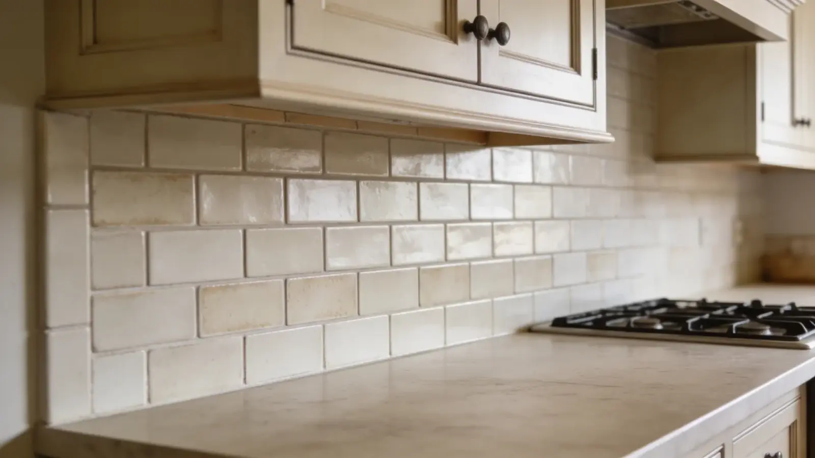 Subway tile backsplash with simple pattern behind kitchen counter