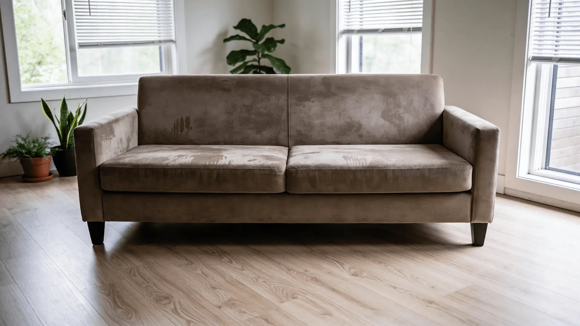 Suede couch drying in a room with open windows and airflow