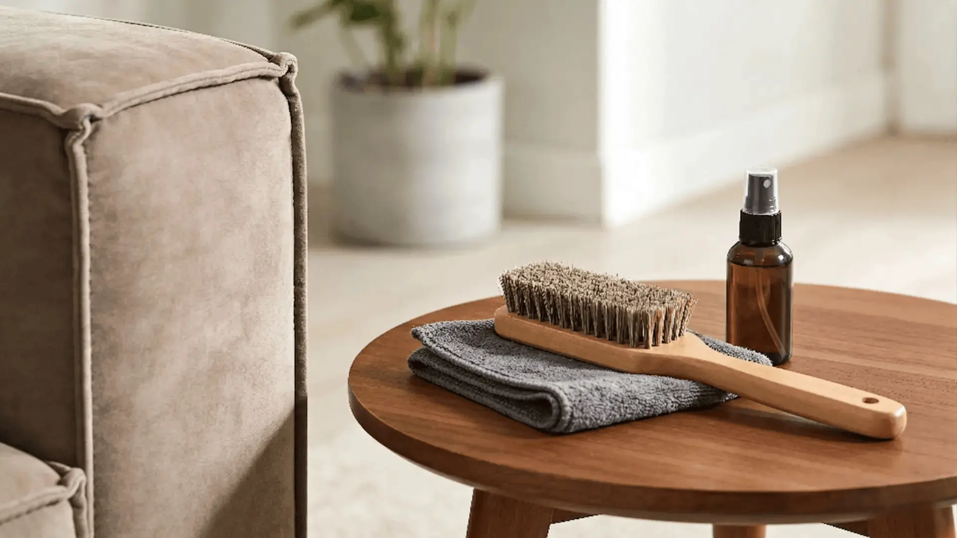 Suede couch with plain care tag and cleaning tools like brush, cloth attachment nearby.
