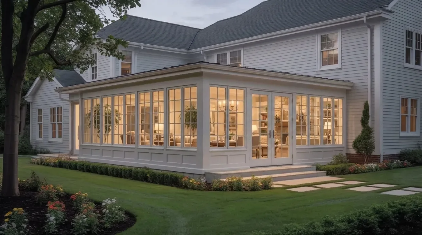 Sunroom addition matching home roofline and siding with folding glass doors and backyard view
