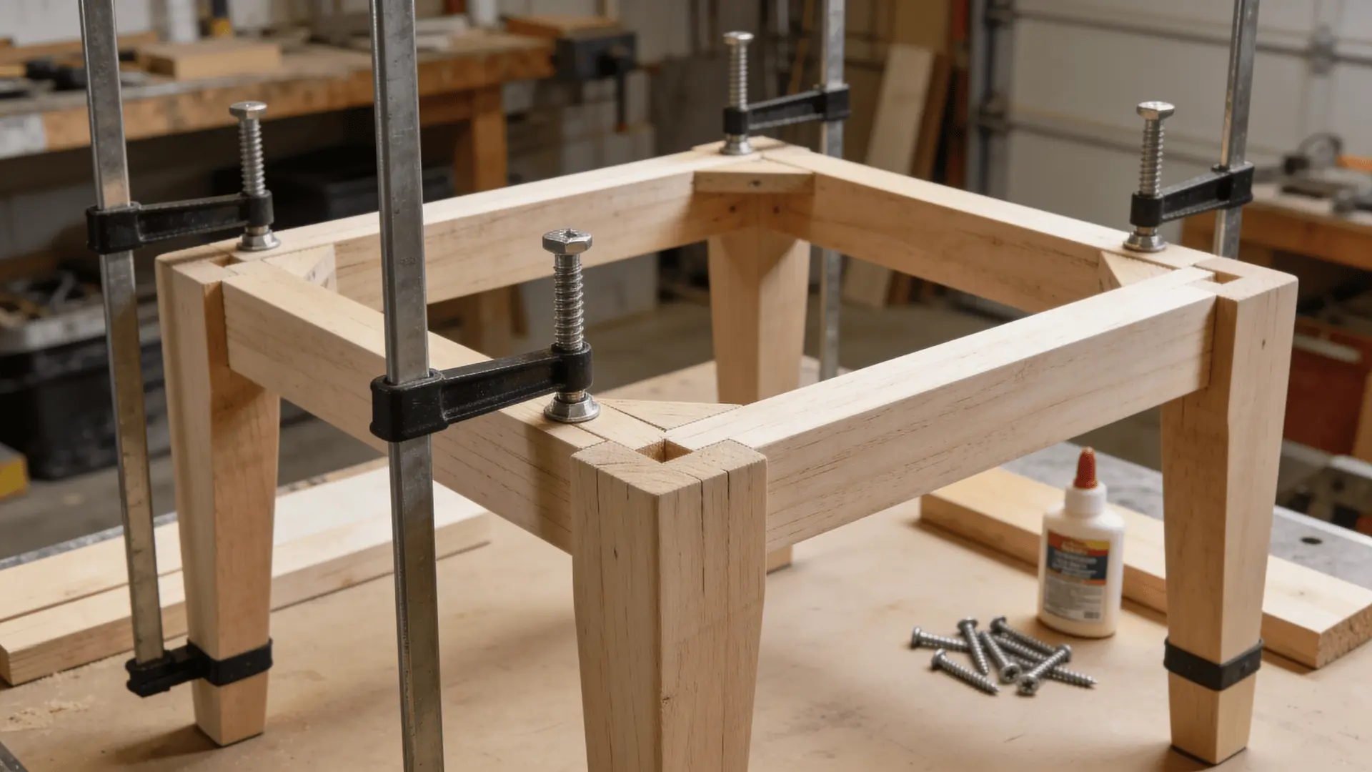Table frame with four legs being assembled using support pieces on a flat surface