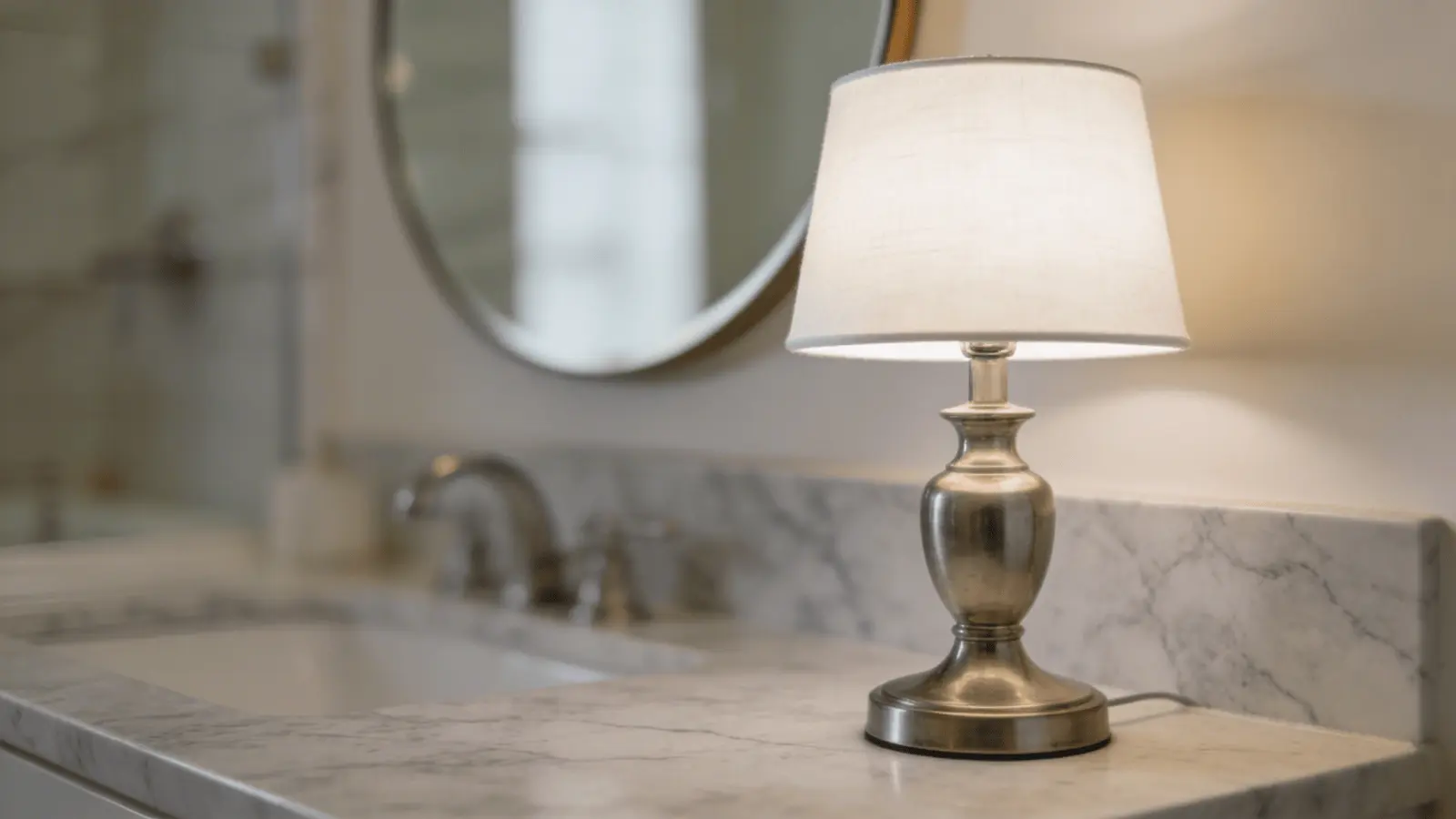 Table lamp placed on a bathroom vanity counter