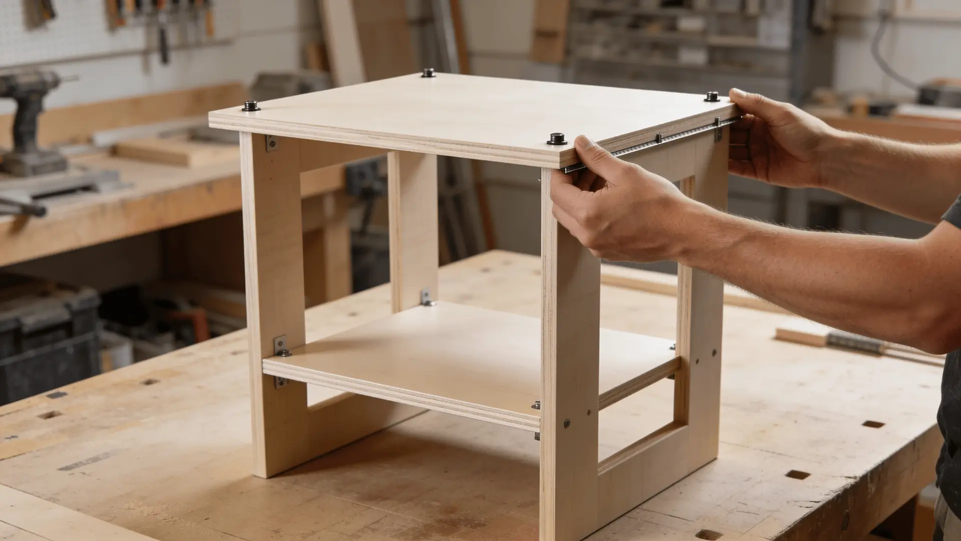 Tabletop attached to a frame with a lower shelf positioned evenly between the legs