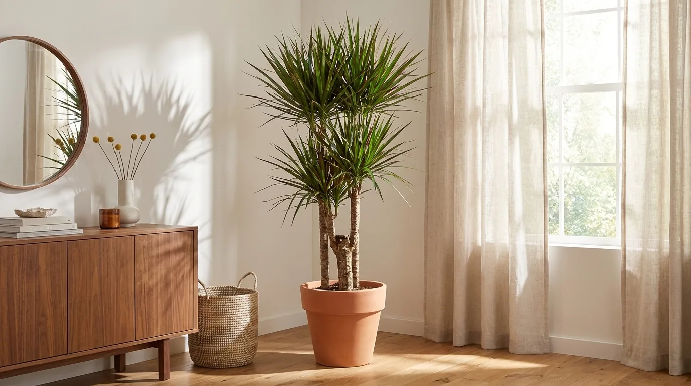 Tall cane dracaena plant with thick stems and clustered leaves in a bright indoor corner