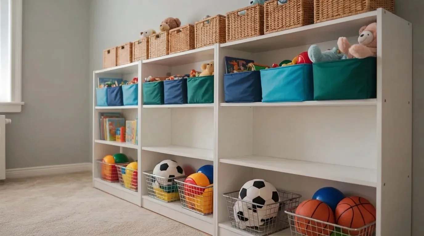 Tall white shelving unit with colorful storage bins and baskets organizing toys in a kids' playroom.
