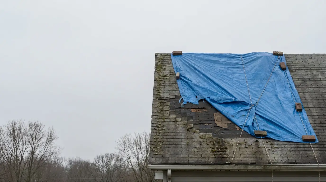 Damaged roof covered with a blue tarp held by bricks on a cloudy day