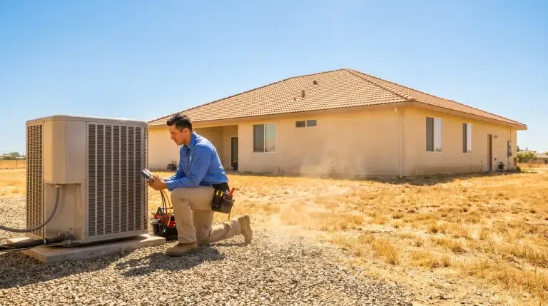Technician in blue shirt inspecting outdoor HVAC unit beside beige house in dry landscape