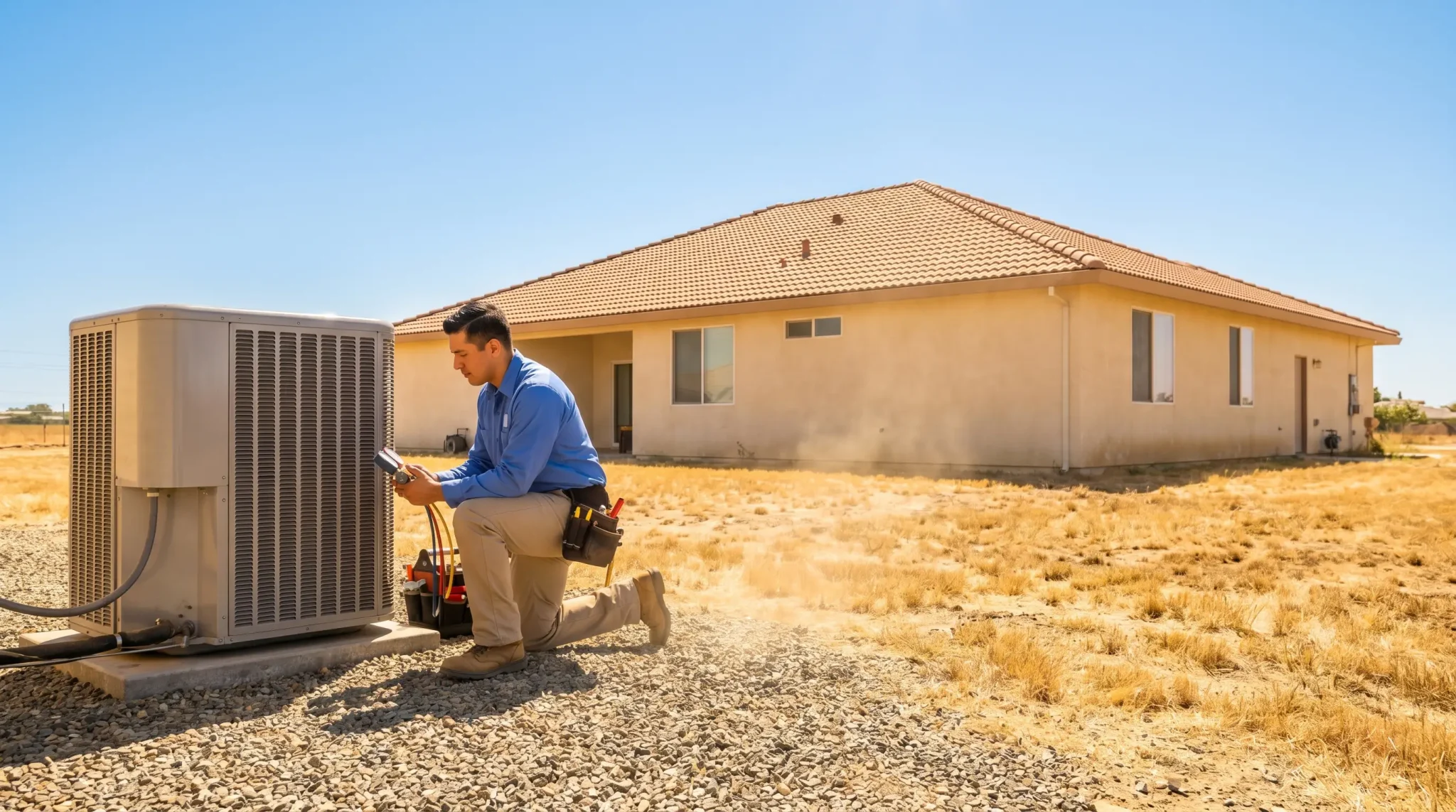 Technician in blue shirt inspecting outdoor HVAC unit beside beige house in dry landscape