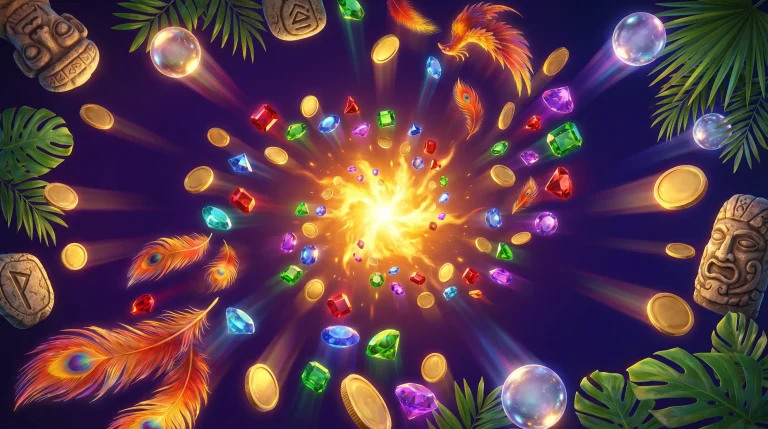 Bright explosion of multicolored gems, gold coins, and feathers on dark background with tribal elements