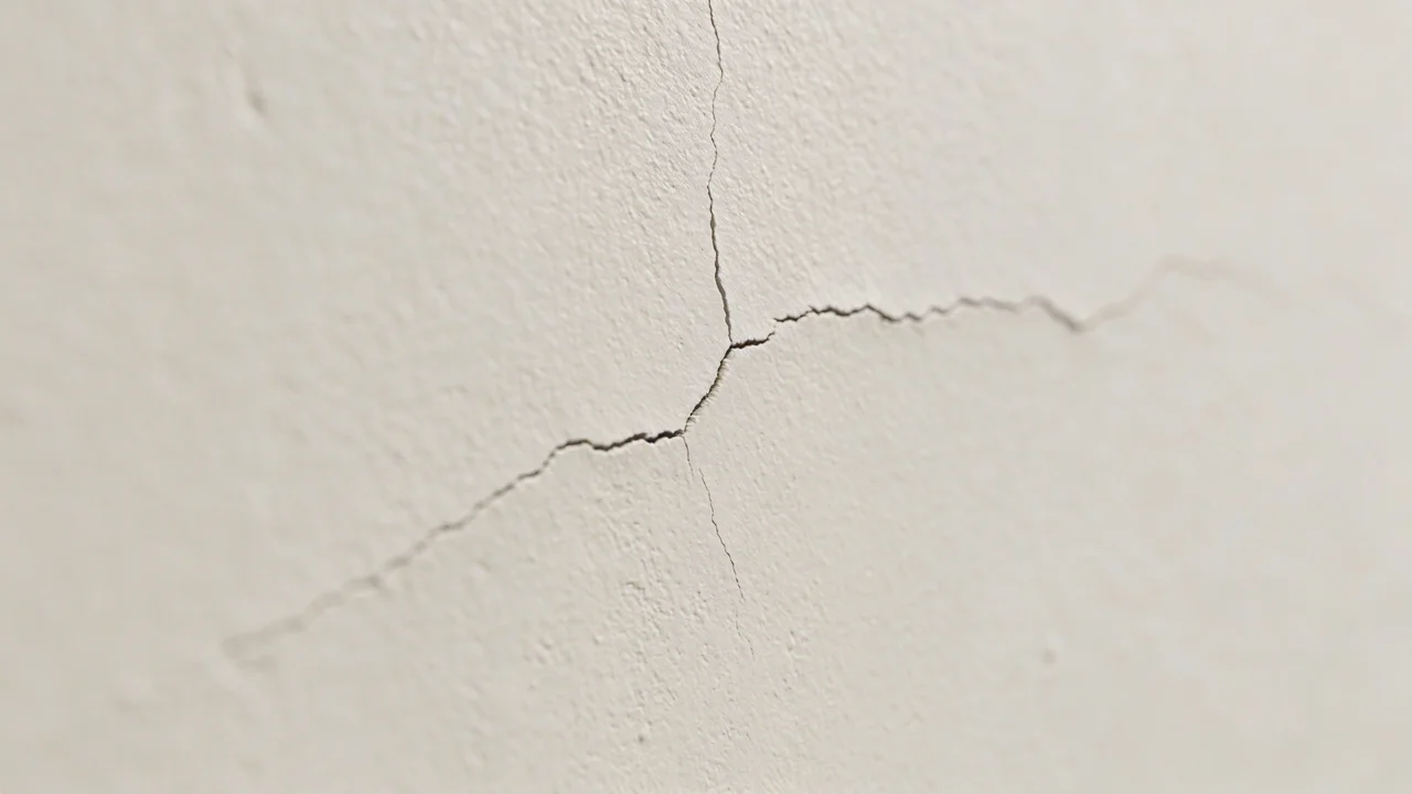 Thin hairline crack on a smooth painted wall surface