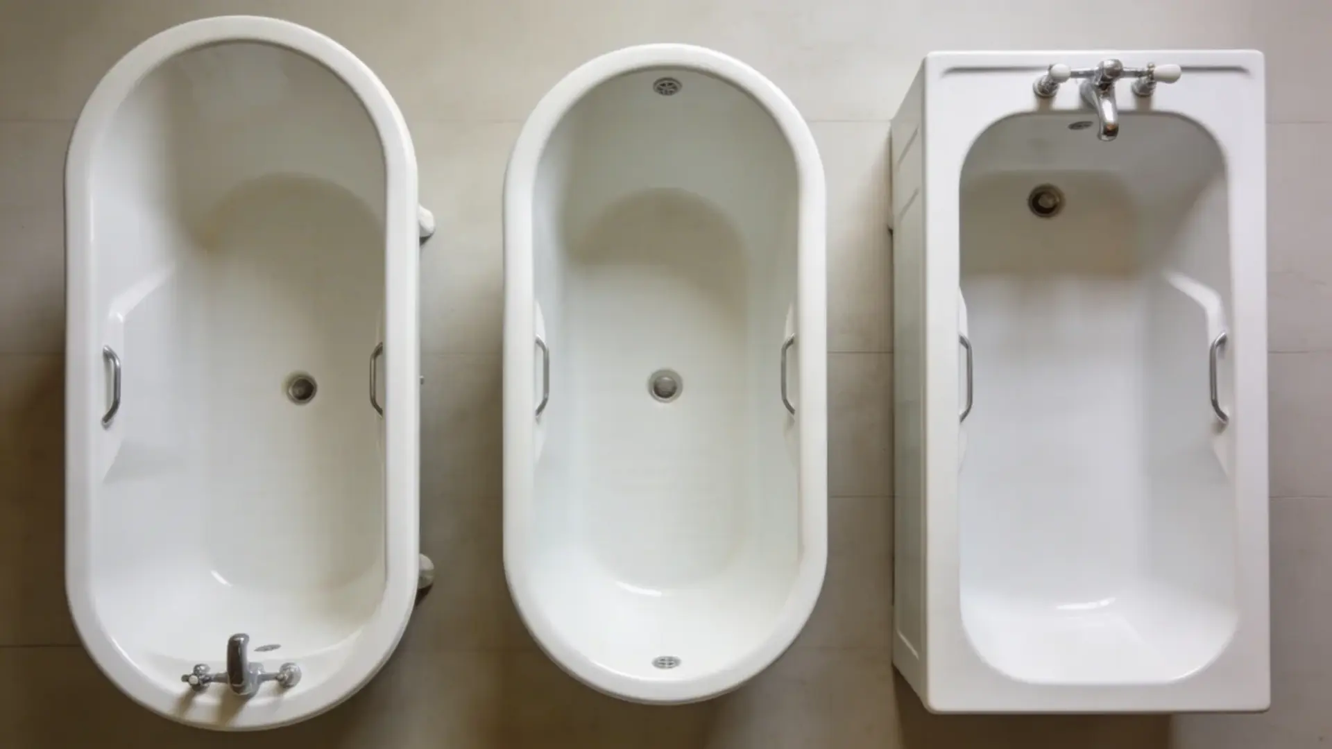 Three bathtubs of different sizes showing garden, standard, and soaking types