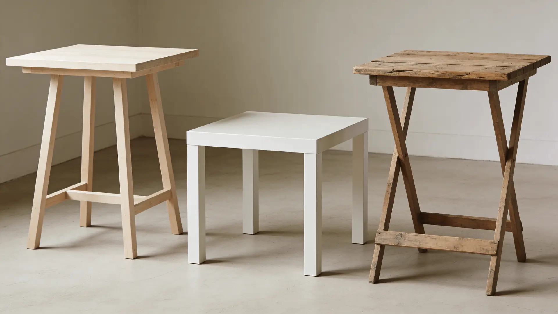 Three DIY end tables with simple, modern, and rustic designs placed side by side indoors
