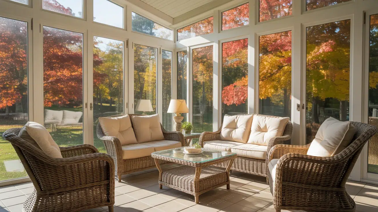 Three-season sunroom with vinyl frames and large windows overlooking fall foliage