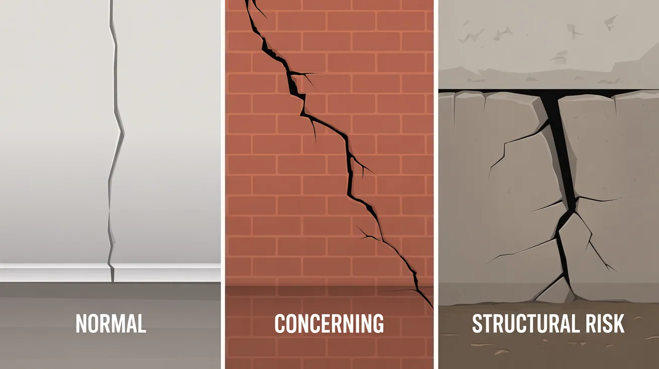 Three types of settling cracks in a house, normal, concerning, and structural risk compared side by side.