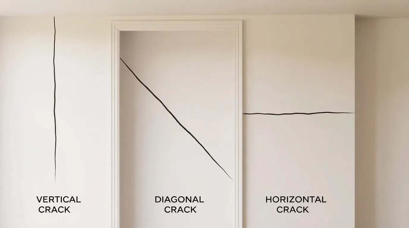 Three types of wall cracks, vertical, diagonal, and horizontal, shown on a home interior wall with labels.