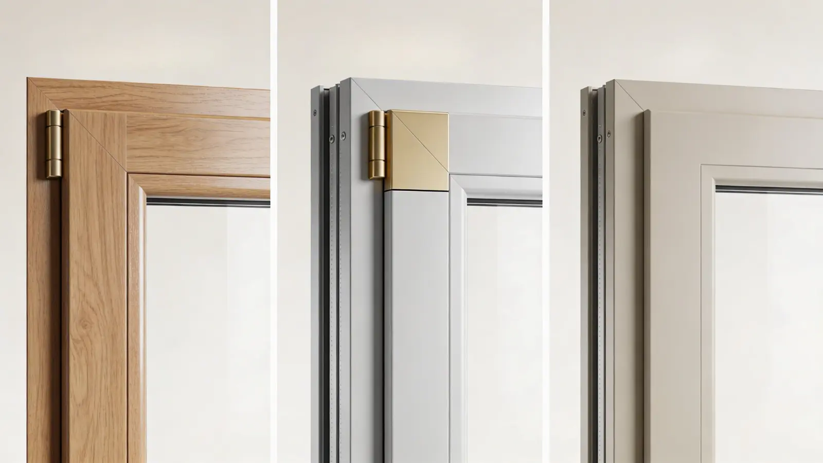 Three window types side by side showing composite, mixed material, and vinyl frames