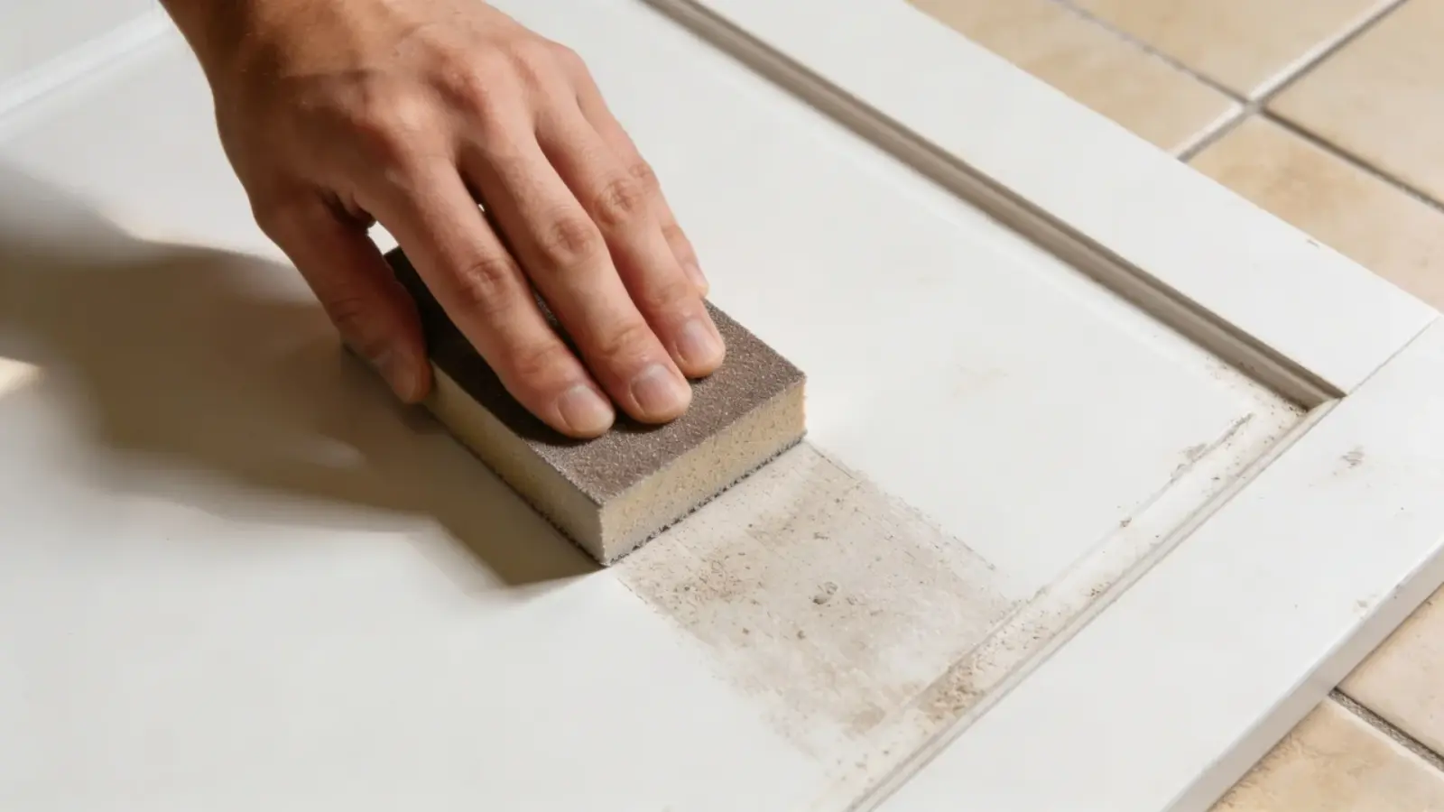 Tight close-up of sanding block smoothing cabinet door surface before painting