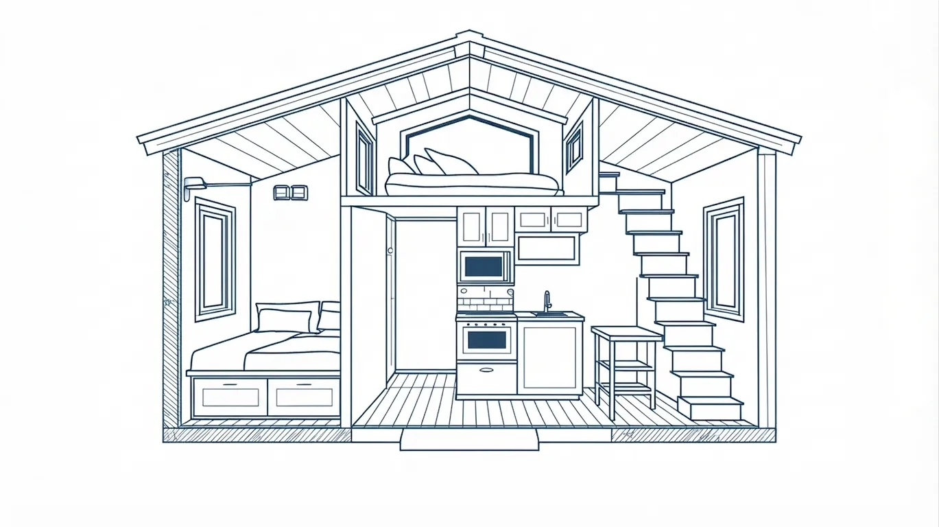 Tiny house blueprint with mezzanine bedroom above open living and kitchen