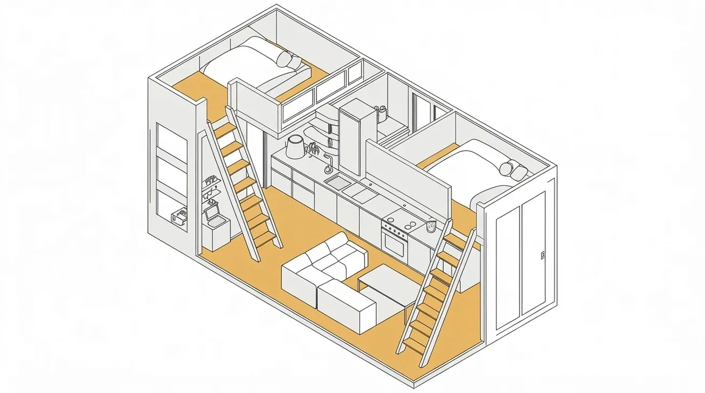 Tiny house dual loft bedroom layout with open kitchen and living area