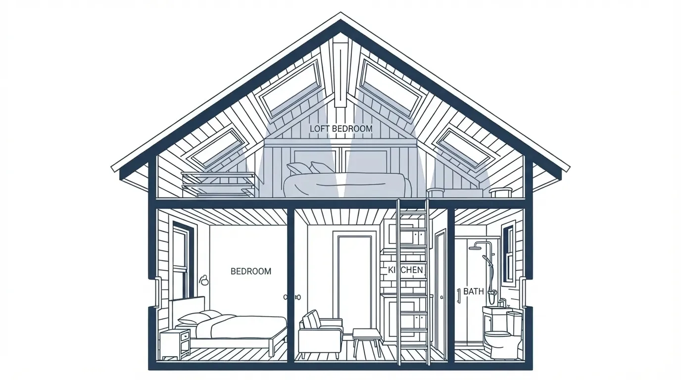 Tiny house floor plan with loft bedroom above and ground bedroom below